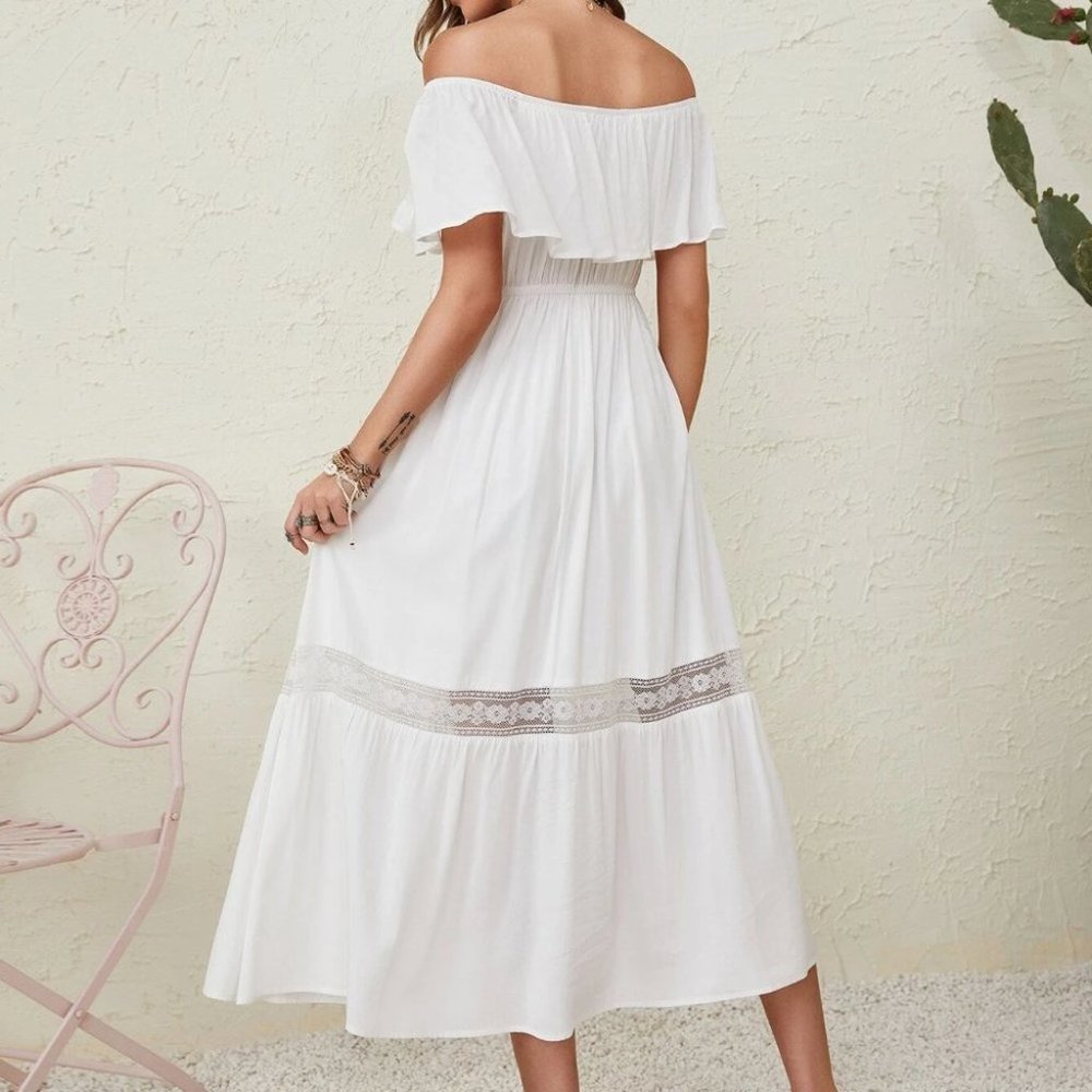 WHITE Tie Front Ruffle Trim Off Shoulder Dress - Picture 3 of 7